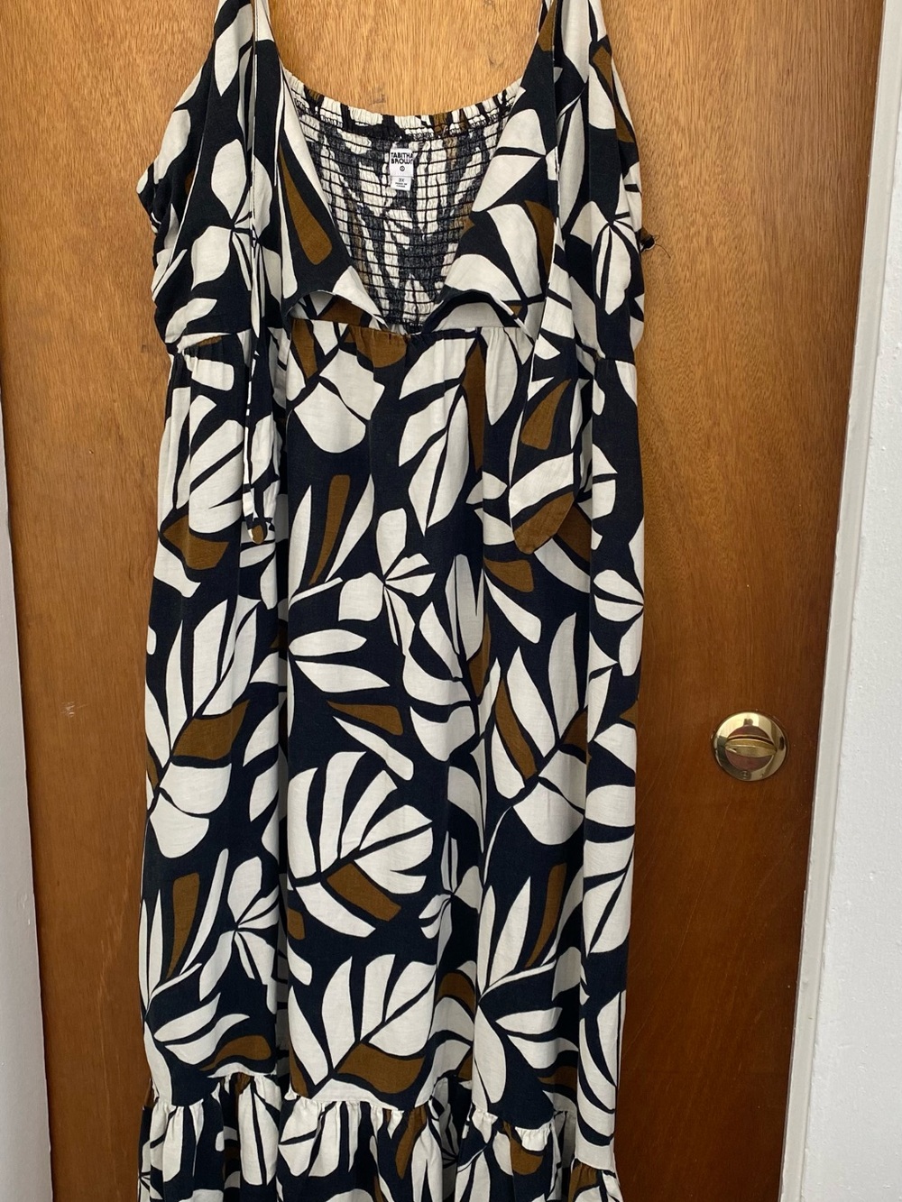 Sleeveless Black Maxi Dress with White & Brown Leaf Print
